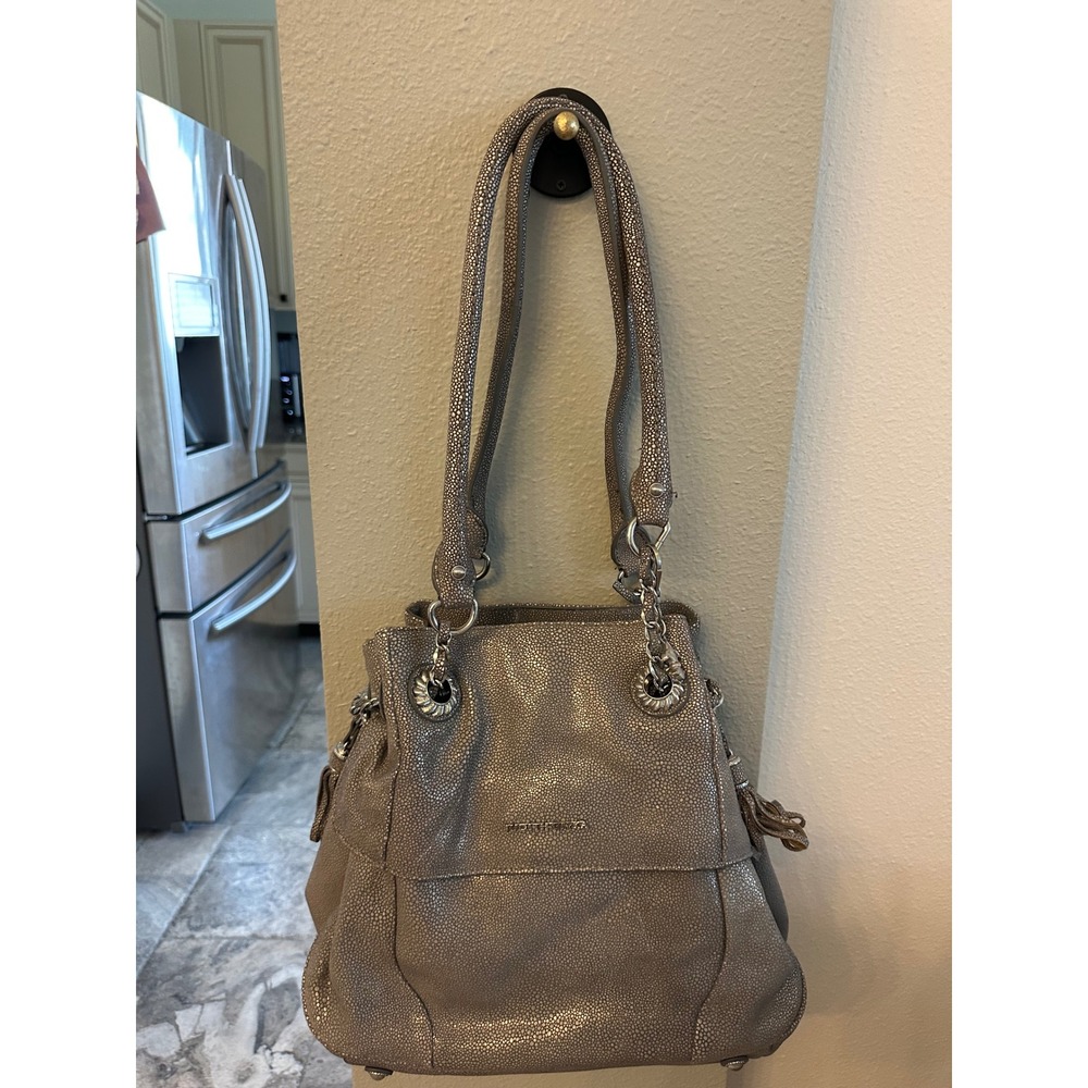 Judith Ripka metallic stingray Embossed Pebbled Leather Hobo Shoulder Bag Taupe